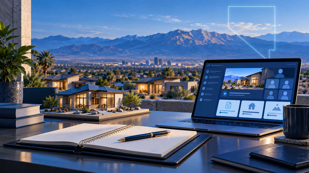 Blue-toned illustration of a laptop lesson, notebook and model home overlooking Nevada mountains.